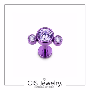 Piercing Labret y cluster 3 zirconias rosas y anodizado violeta