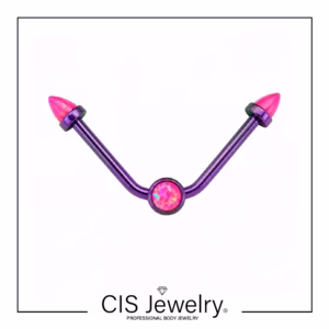 Piercing Industrial especial curvo anodizado burple/teal con disco y conos de ópalos rosas
